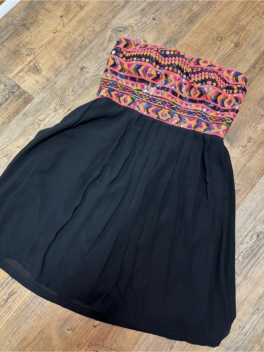 Strapless Mini Dress with Colorful Embroidered Bodice - Black